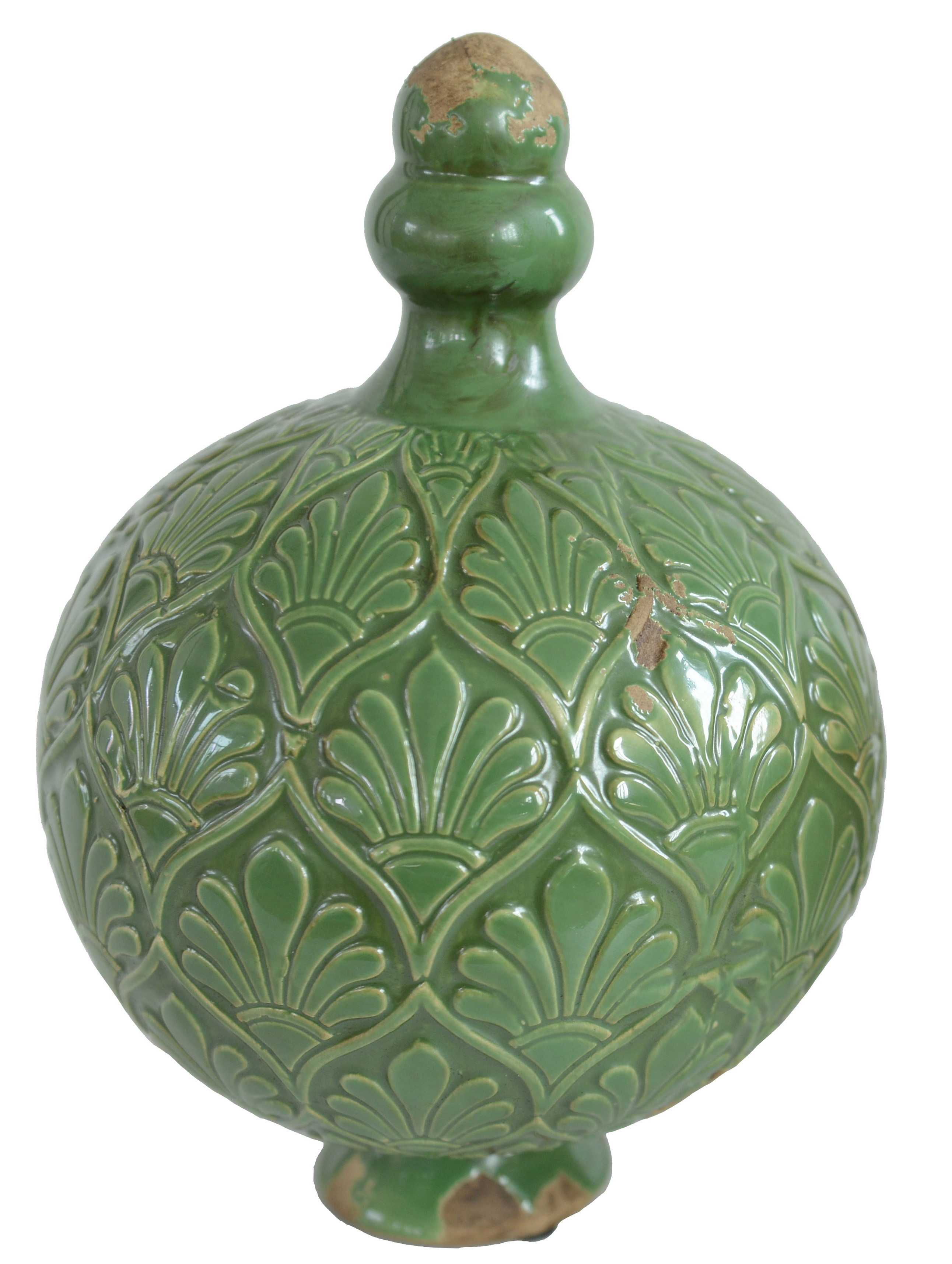 Záhradná dekorácia, keramická guľa s jemným ornamentom, zelená 17cn